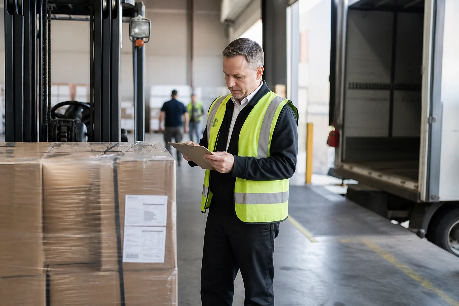 A member of a logistics team beside freight and a loading bay.