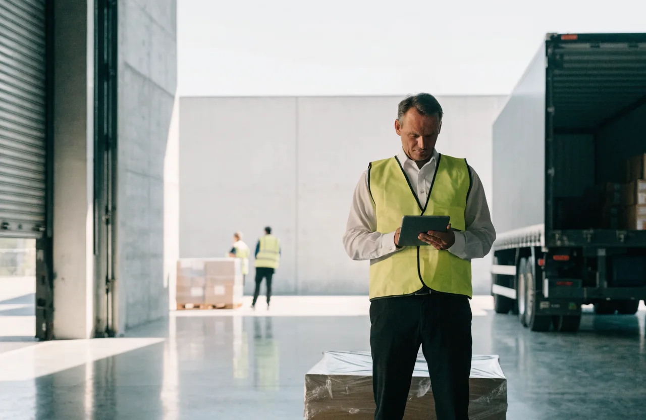 Logistics supervisor checking a shipment at a loading bay