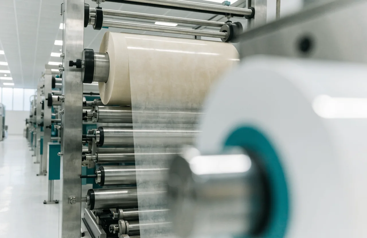 Flexible material moving through a modern converting production line