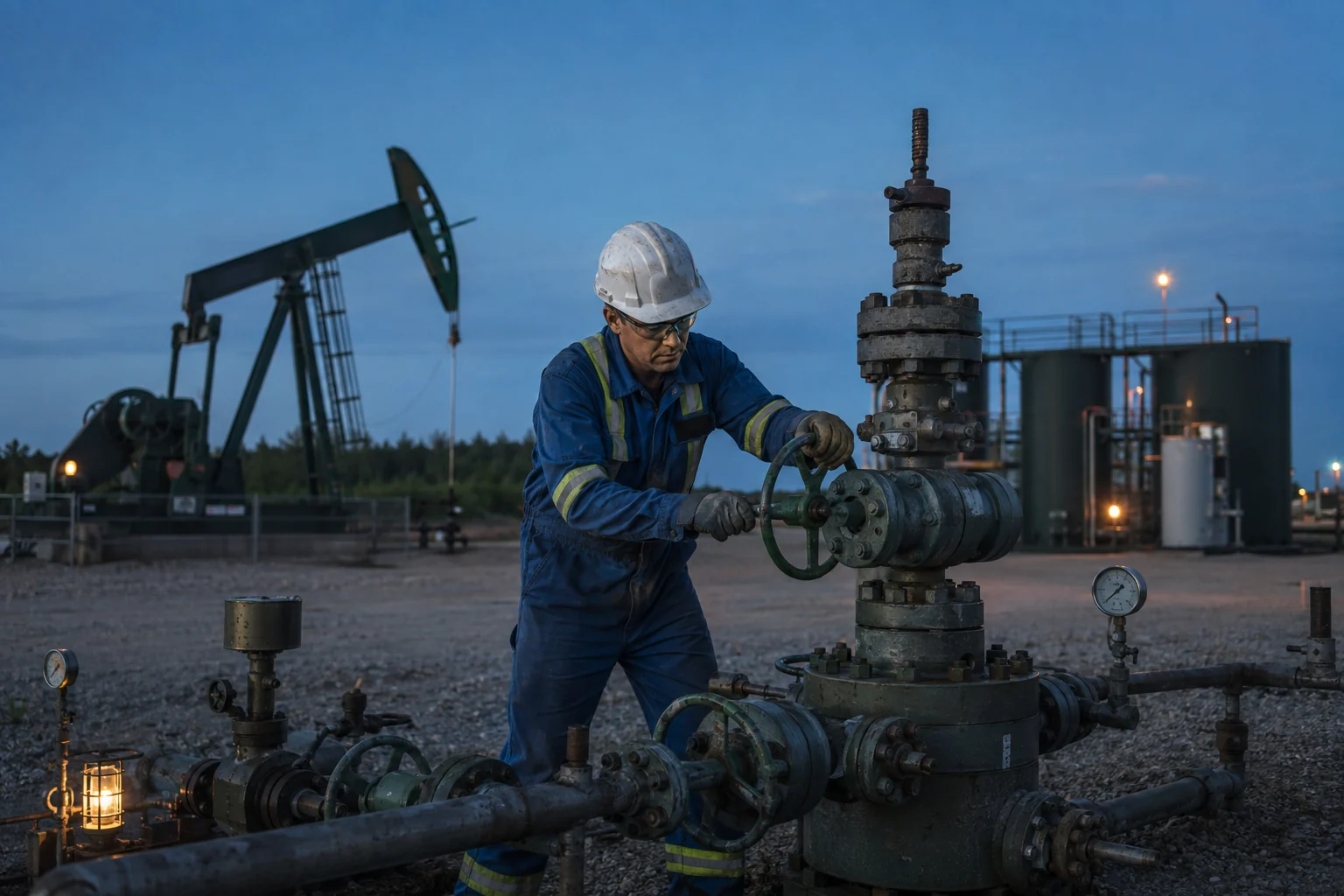 A field worker at a wellhead with production equipment behind him.