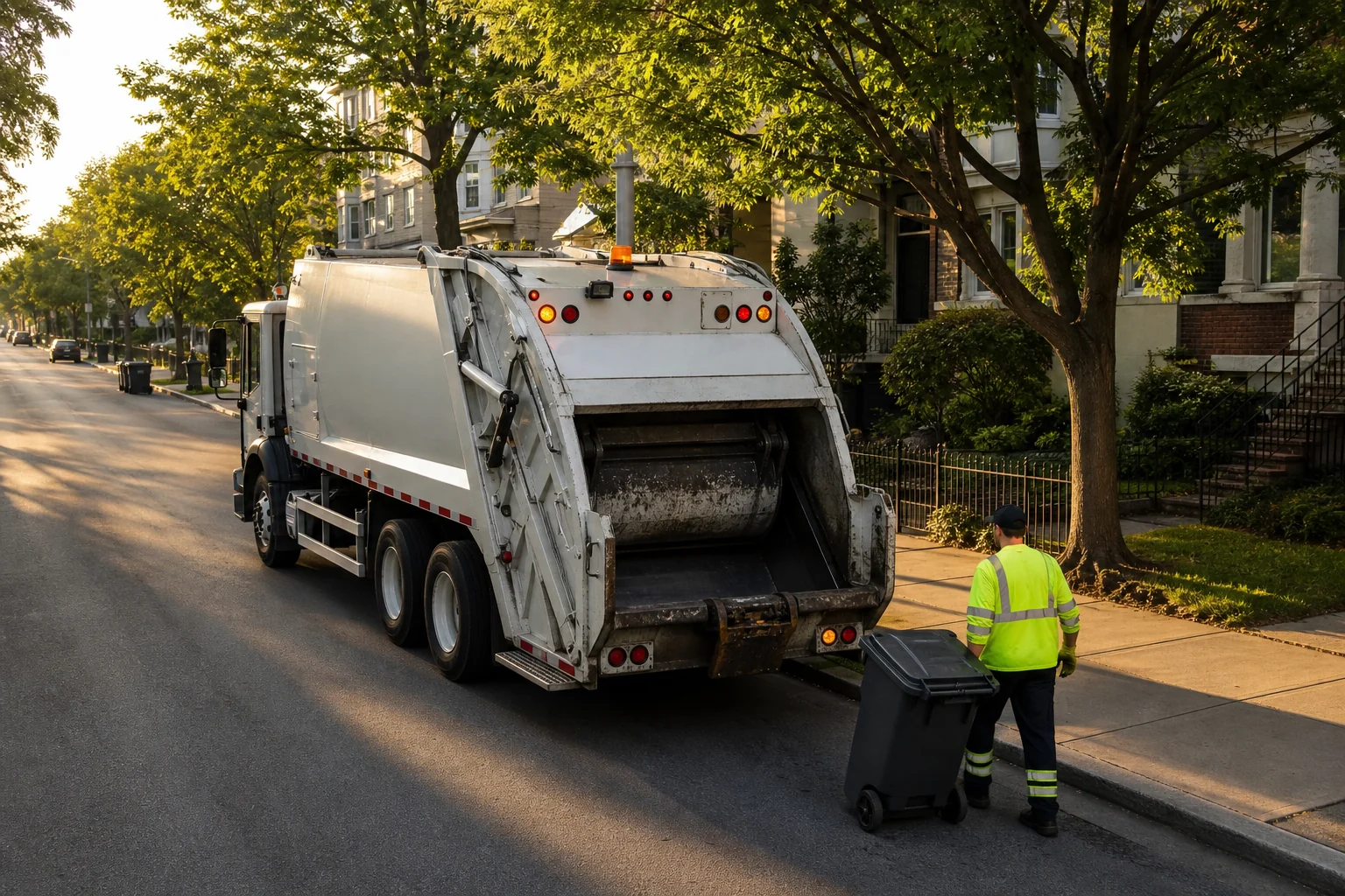 A collection worker and waste vehicle on a residential street.