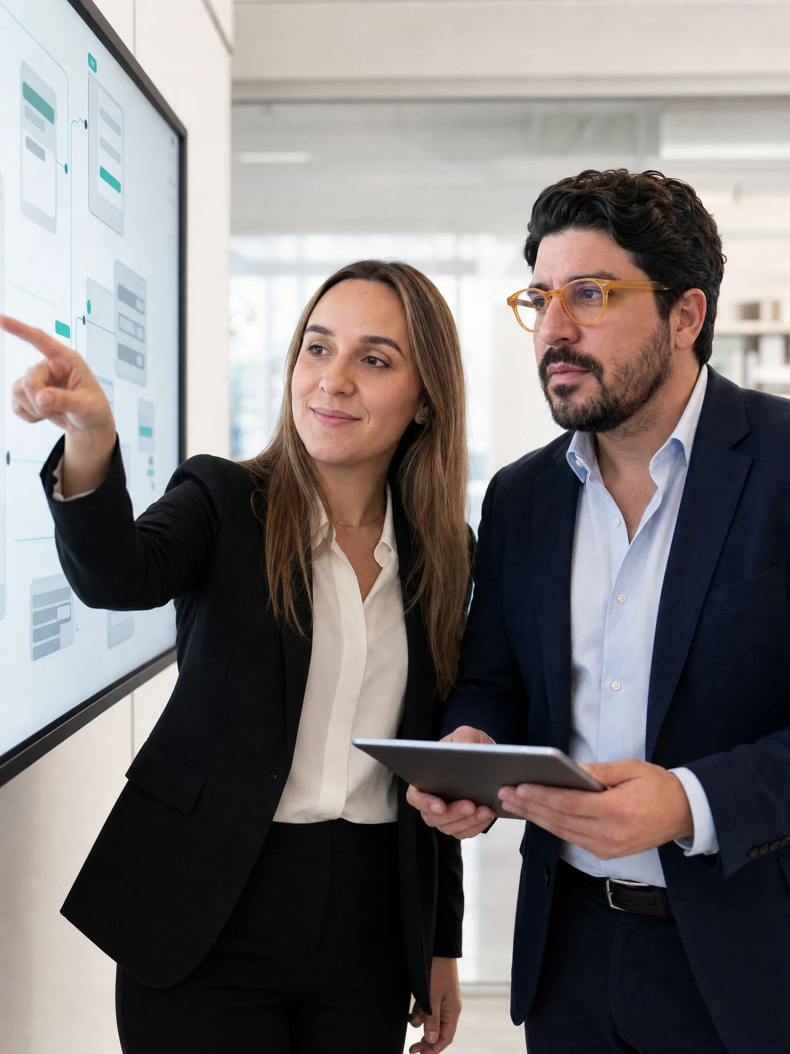 Two professionals reviewing an operational workflow on a display