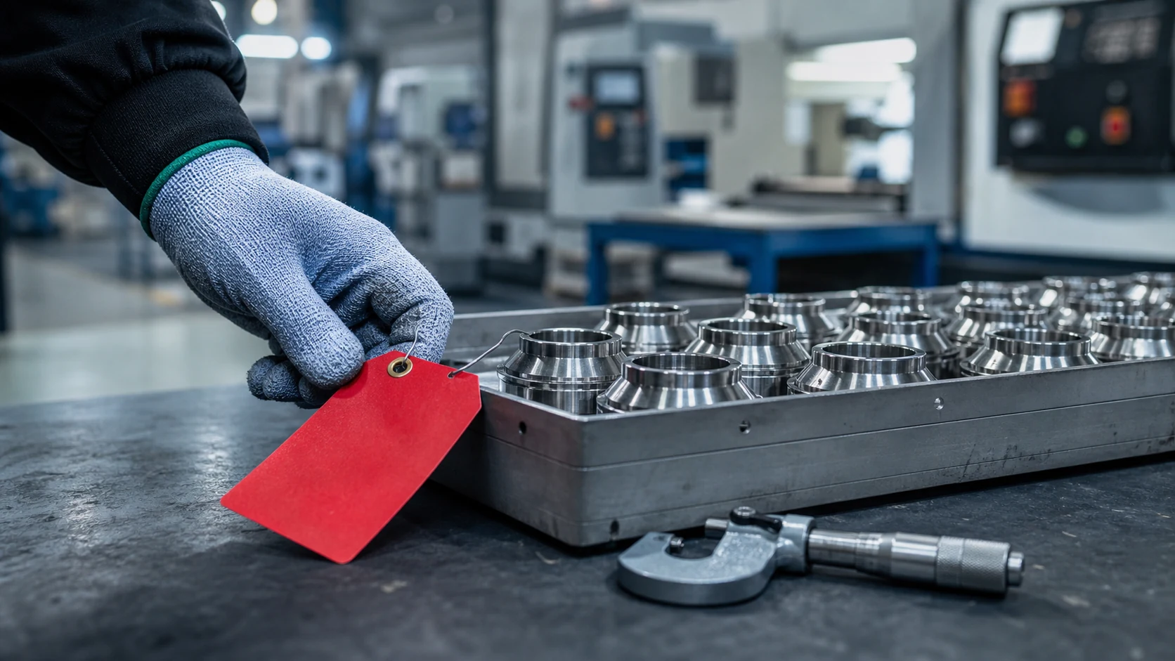 A red hold tag being applied to a tray of precision-machined components