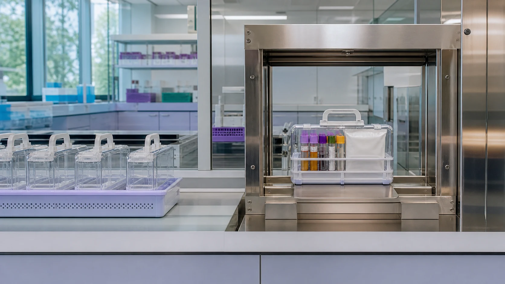 A complete specimen carrier entering a controlled laboratory accessioning lane