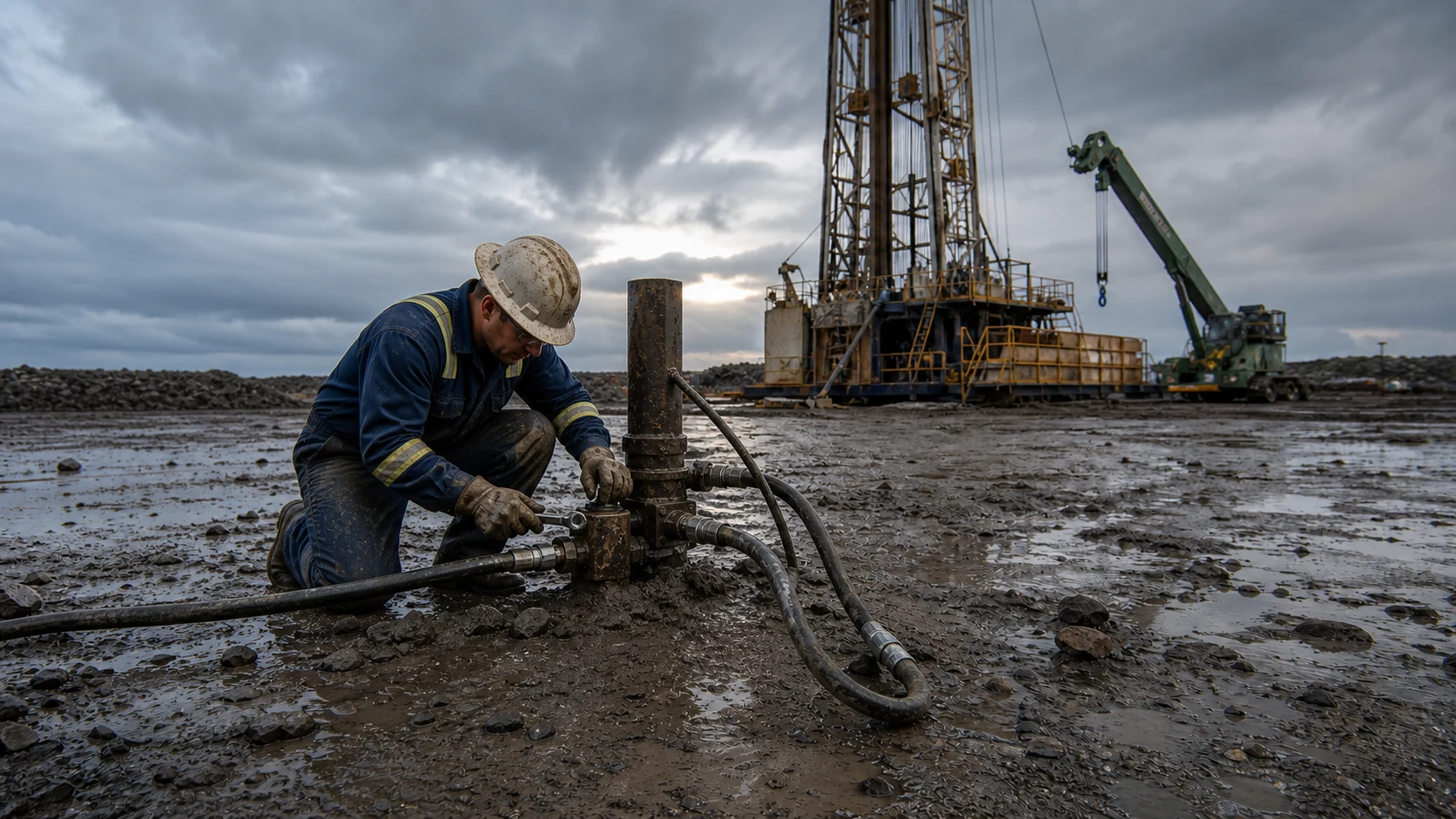 An oil-field service technician inspecting a hydraulic connection beside an active drilling rig