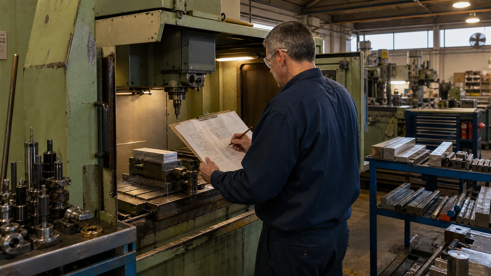 A manufacturing estimator checking a drawing against the machine, workholding, material, and tooling required for a quote